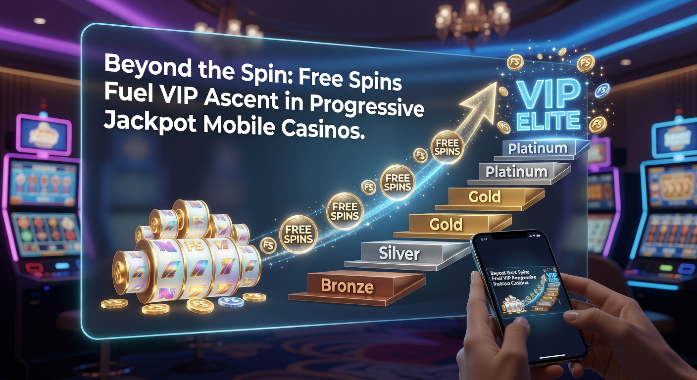 Grafiek met VIP-tier ladder, gratis spins iconen en groeiende jackpot-meter op een mobiel scherm